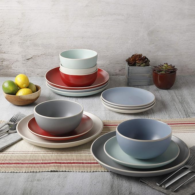 Gibson Home Rockaway 12-Piece Round Stoneware Dinnerware Set, Service for 4 – Blue Plates and Bowls, Microwave & Dishwasher Safe - Image 7