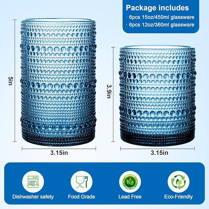KMIGRUAN Hobnail Drinking Glasses Set of 12, 15Oz & 12Oz Cocktail Glasses | Blue-Vintage Highball Glasses, Embossed Beaded Water Glass Cups for Juice and Various Mixed Drinks, Kitchen Drinking Glasses - Image 2