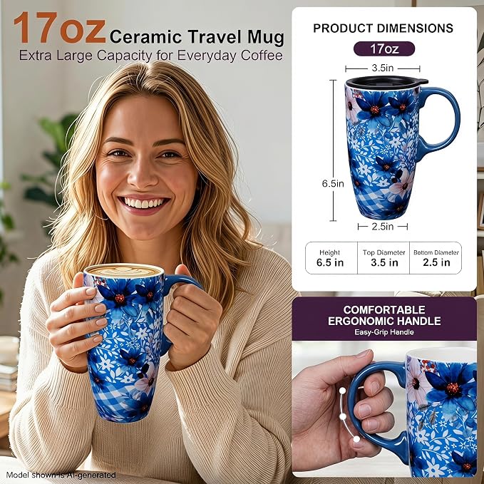 Topadorn 17oz Ceramic Travel Mug with Lid, Blue Floral Coffee Mug with Handle, Large Ceramic Travel Cup, Microwave & Dishwasher Safe, Gift Box Included - Image 5