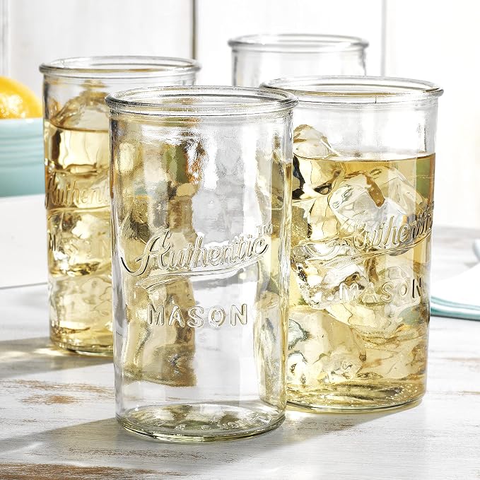 Glaver's Drinking Glasses – Set of 4 Authentic Mason Vintage Glassware – Clear Glass Tumblers for Cocktails, Water, Juice – Embossed Vintage Drinking Glasses - Image 3