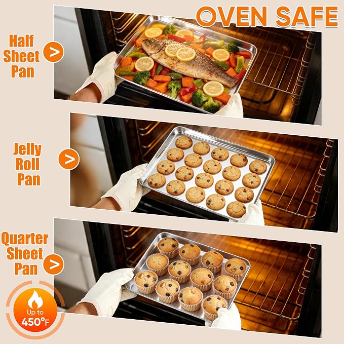 LIANYU Baking Sheet Pans, Half Sheet/Jelly Roll/Quarter Sheet, 3 Pack | Stainless Steel Cookie Sheet for Baking, 17.5/16/12.4 Inch Metal Tray, Heavy Duty, Dishwasher Safe, Non Toxic - Image 4