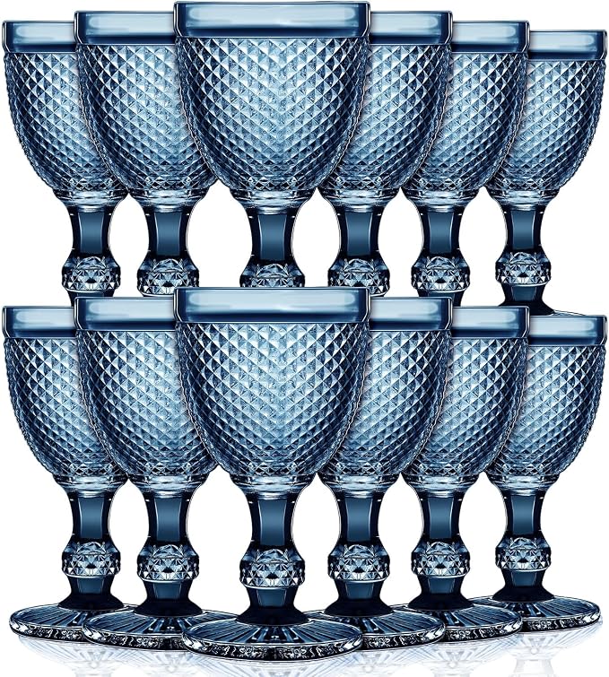 Bokon 12 Pack Blue Glass Goblets Set 10 oz High Clear Wine Glass Vintage Water Goblets Cups Embossed Diamond Design Glassware with Stem for Drinking Juice Liquor Party Wedding Bar by Bokon