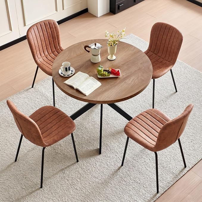 37 Inch Round Dining Table Set for 4, Modern Small Circle Kitchen Coffee Set for Apartment Living Room Office, Save Space(1 Imitation Wood Table + 4 Brown PU Leather Chairs) - Image 8