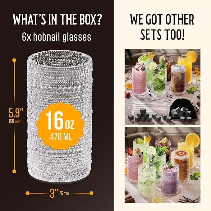 16 Oz Hobnail Drinking Glasses Set of 6 - Clear Multipurpose Glassware Sets, Decorative & Stylish Glasses Drinking Set for Bar, Kitchen, Cocktail Glassware, Garden - Home, Dining, & Kitchen - Image 3