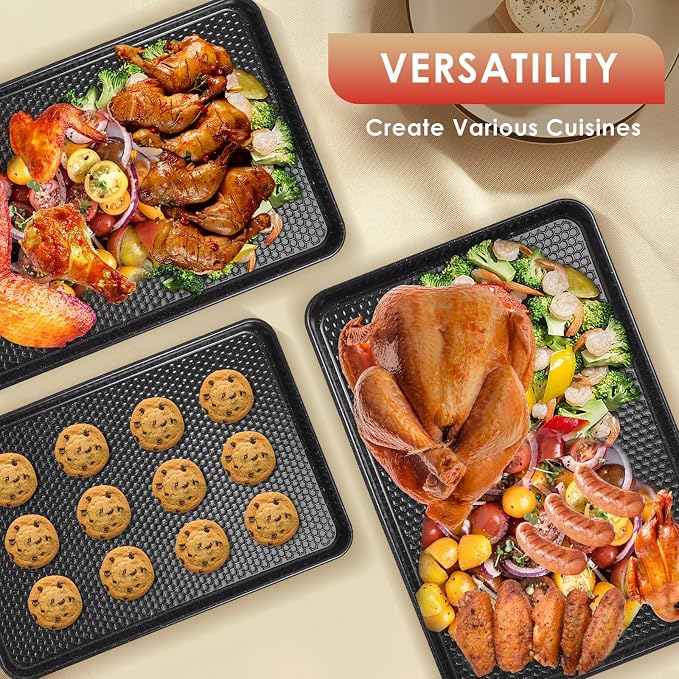 Baking Sheet Pan Set of 3, Nonstick Carbon Steel Cookie Sheets with Texture | Commercial Half/Quarter/Jelly Roll Pans Replacement Toaster Oven Tray, Heavy Duty & Easy Clean - Image 4