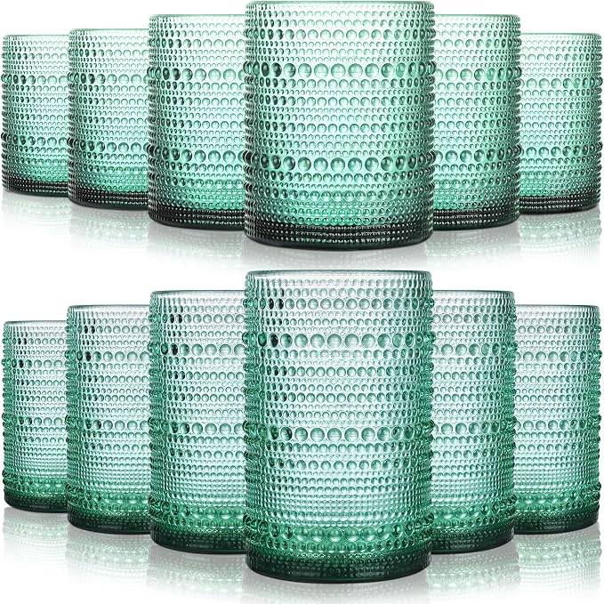 KMIGRUAN Hobnail Drinking Glasses Set of 12, 15Oz & 12Oz Cocktail Glasses | Light Green Boho Highball Glasses, Embossed Beaded Water Glass Cups for Juice and Various Mixed Drinks, Kitchen Bar Tumbler by KMIGRUAN