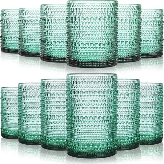 KMIGRUAN Hobnail Drinking Glasses Set of 12, 15Oz & 12Oz Cocktail Glasses | Light Green Boho Highball Glasses, Embossed Beaded Water Glass Cups for Juice and Various Mixed Drinks, Kitchen Bar Tumbler by KMIGRUAN