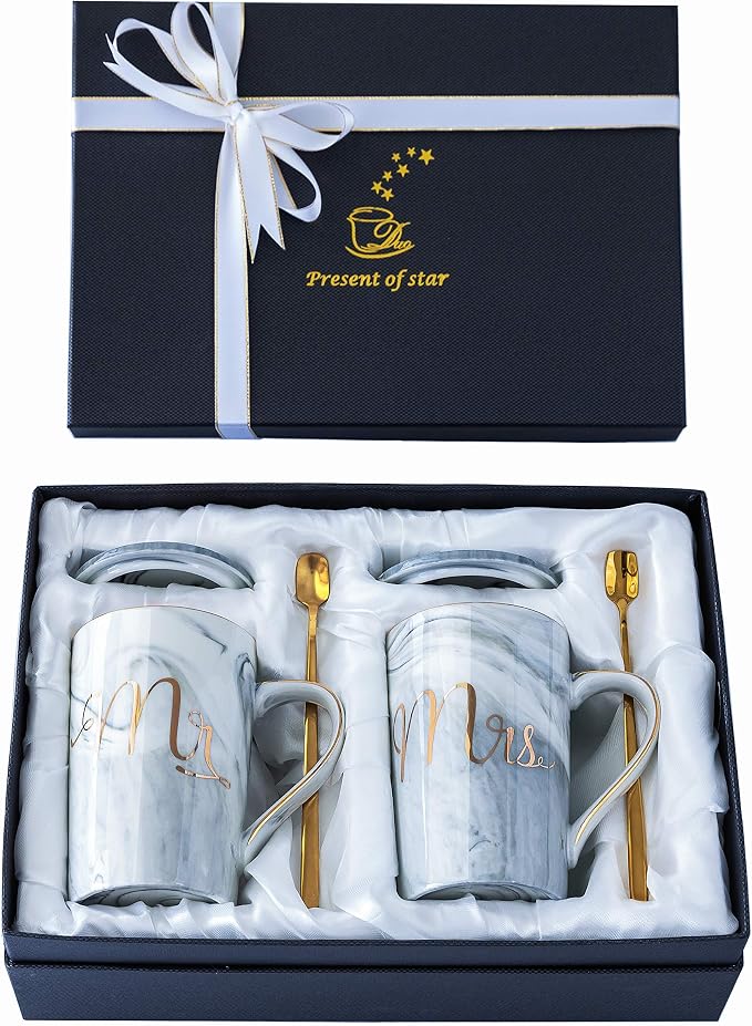 Jumway Mr and Mrs Coffee Mugs - Wedding Gifts - Mr and Mrs Mugs Set - for Bride and Groom - Gifts for Bridal Shower Engagement Wedding and Married Couples Anniversary - 14 Oz Grey by Jumway