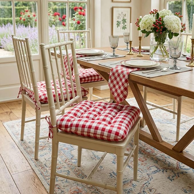 Barnett Home Decor Chair Cushions for Dining Chairs - 16.5x18 Kitchen Chair Cushions - Machine Washable, 100% Cotton, Made in USA - Latex Foam Chair Pads -Classic Check Red Medium Pack of 4 - Image 9