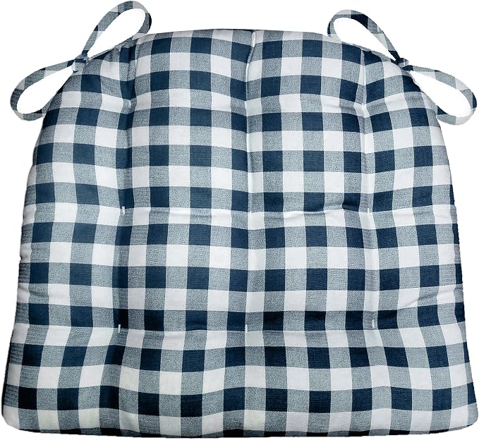 Barnett Home Decor Classic Check Navy Blue Dining Chair Pad with Ties - 19 x 19 Size Large Chair Cushion - Latex Foam Fill - Machine Washable, Reversible, 100% Cotton Plaid, Made in USA by BarnettHomeDecor