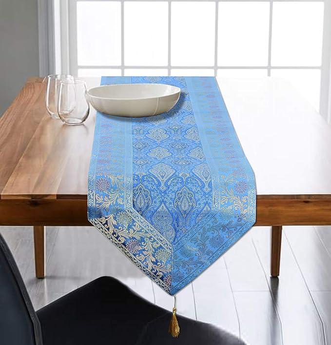 Indian Traditional Decorative Silk Table Runner Kitchen Dining Good Luck Table Cloth for Wedding Bridal Birthday Party Decorations 72x14 Inches Turquoise Color - Image 7