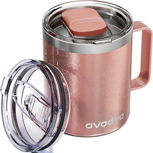 12oz Insulated Coffee Mug with Lid – Includes Two Lids, Stainless Steel Coffee Travel Mug with Handle, Double Wall Vacuum Insulated Camping Mug for Home, Office & Outdoor, Rose Gold by avodvo
