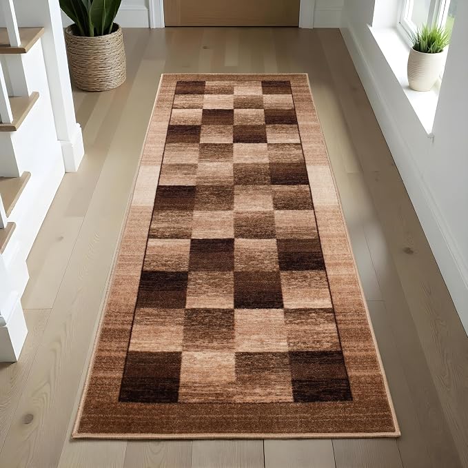 Superior Indoor Non-Slip Runner Rug, Rustic Floor Decor, Color Block Rug for Living Room, Bedroom, Office, Kitchen, Dining, Washable Rugs, Foam Back, Lockwood Collection, 2' 7" x 8', Chocolate - Image 2
