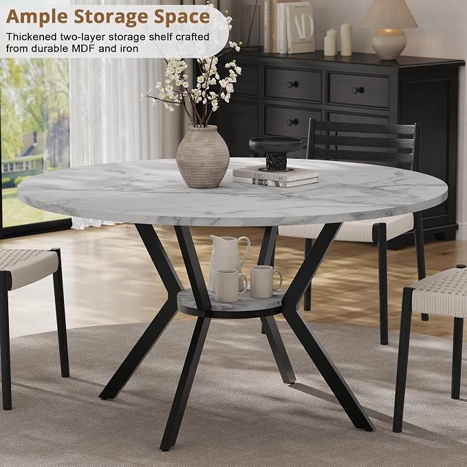 42" Round Dining Table for 2-4, Modern Kitchen Table with Faux Marble Tabletop & Metal Legs, Space Saving Circle Table with Storage, Wood Kitchen & Dining Room Tables for Kitchen Dining Room - Image 3