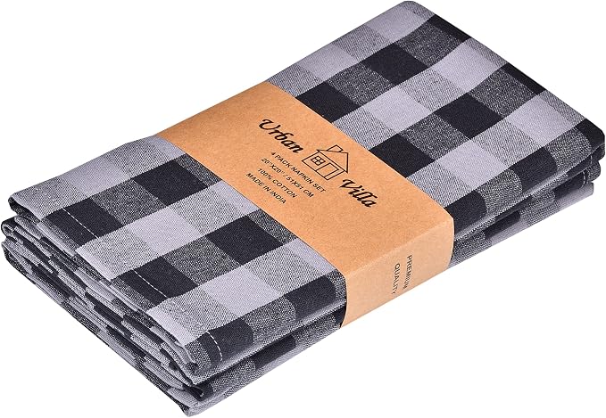 Urban Villa Cloth Napkins Cotton 20x20 (Set of 4) Grey/Black Checks by CottonTrends