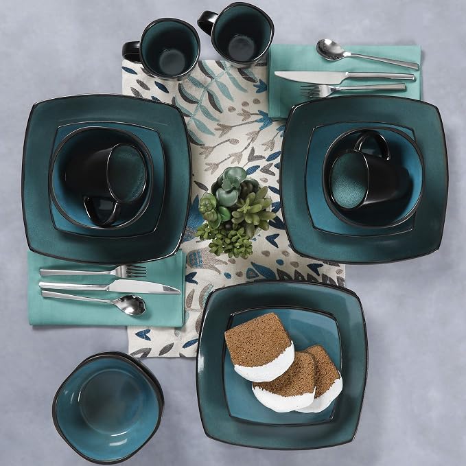 Gibson Elite Soho Lounge 16-Piece Reactive Glaze Dinnerware Set – Teal and Black Tutone Stoneware Plates and Bowls - Image 6
