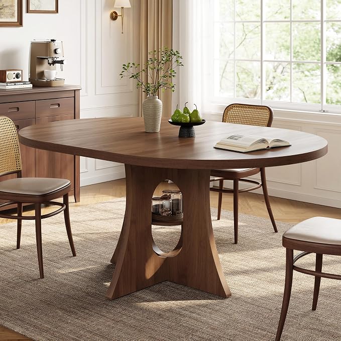 43.3"-59" Extendable Round-to-Oval Dining Table with Leaf & Storage | Oval Table, Round Kitchen Table, Seats 4-8, Modern Farmhouse, Space-Saving, Walnut Finish, Circle Table, Oval Dining Table by Sanyz