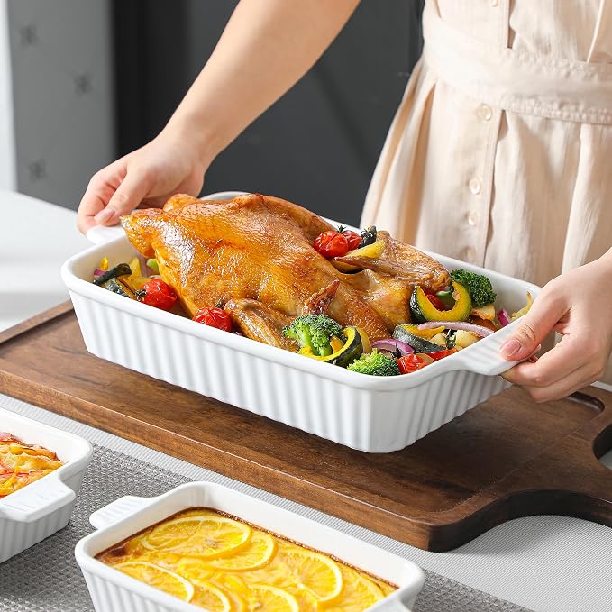 MALACASA Casserole Dishes for Oven, Ceramic Baking Dishes Set of 4, White | Rectangular Deep Lasagna Pans with Handles for Roasting Vegetable, Cake, Durable Bakeware, Wedding Gift(9.4/11.1/12.2/14.7") - Image 8