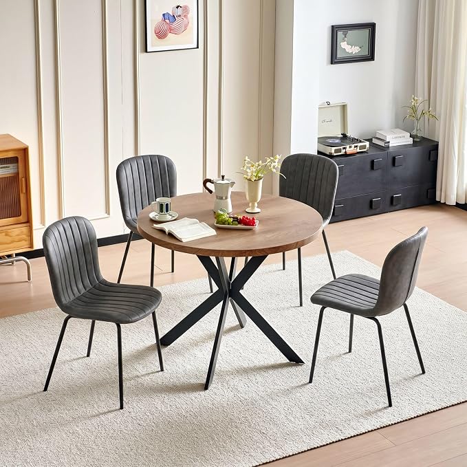 37 Inch Round Dining Table Set for 4, Modern Small Circle Kitchen Coffee Set for Apartment Living Room Office, Save Space(1 Imitation Wood Table + 4 Grey PU Leather Chairs) - Image 2