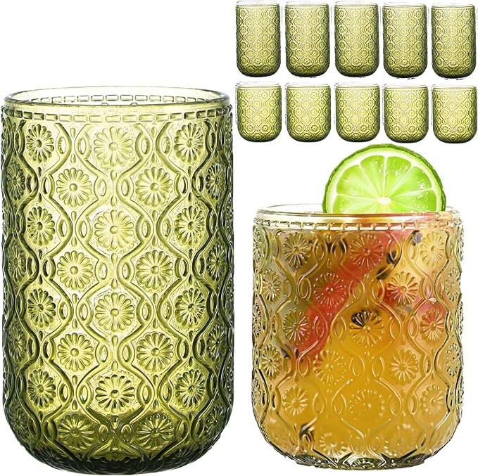 Green Drinking Glasses Set of 12, 12 Oz Highball & 10 Oz Cocktail Glasses, Green Kitchen Vintage Glassware Set, Floral Embossed Glass Tumbler Cups for Water, Beer, Juice, Whiskey, Coffee by FERAHI