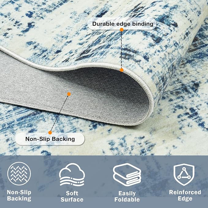 6x9 Washable Area Rug for Living Room Bedroom: Non-Slip Modern Blue Gray | Machine Washable TPR Backing, Stain-Resistant Low Pile, Pet & Kid Friendly, Abstract Decor for Dining Room, Dorm, Home Office - Image 4