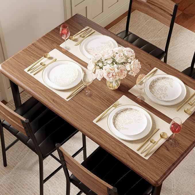 IRONCK Dining Table Set for 4, Walnut | Wood Kitchen Table with Upholstered Chairs for Kitchen Room and Small Spaces - Image 4