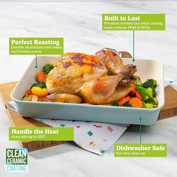 Tasty Clean Ceramic 14-Inch x 10-Inch Roasting Pan, Durable Aluminized Steel for Professional Results, Clean Ceramic Nonstick Coating, Oven Safe to 425°F, Dishwasher Safe, Aqua - Image 3