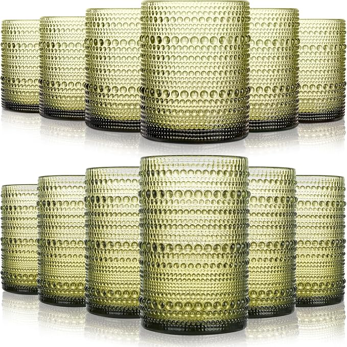 KMIGRUAN Hobnail Drinking Glasses Set of 12, 15Oz & 12Oz Cocktail Glasses | Sage Green Vintage Boho Highball Glasses, Mixed Vintage Glassware Set for Water, Cocktail, Beer, Whiskey, Juice & Bar Use by KMIGRUAN