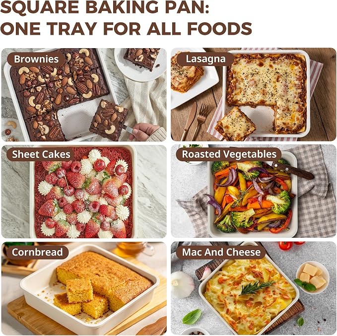 Ceramic 9x9 Baking Pan 2 Pack, Square Cake Pan with Diamond Texture, Aluminized Steel Nonstick Square Baking Pan for Brownies, Cream - Image 8