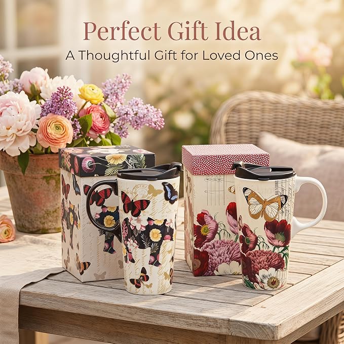 Topadorn 2-Pack 17oz Ceramic Travel Mug with Lids, Butterfly Floral Mugs | Set of 2 Coordinated 17oz Mugs, Vintage Butterfly & Floral Designs, Spill-Resistant Lids, Matching Gift Boxes Included - Image 3