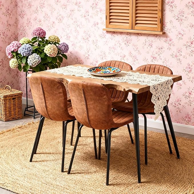 Rectangle Dining Table Set for 4 with Brown PU Leather Chairs | 5-Piece Mid-Century Modern Set, Irregular MDF Table, Wood Grain, Space-Saving for Small Spaces, Dining Rooms, Easy Clean by SQPFTW