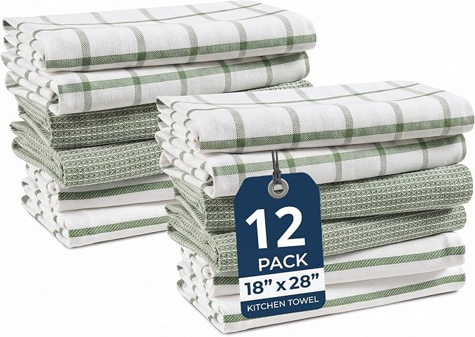 LANE LINEN Kitchen Towels Set - Pack of 12 Cotton Dish Towels for Drying Dishes, 18”x 28”, Premium Hand Towels, Tea Towel, Quick Drying Kitchen Towel Set - Olive by LaneLinen