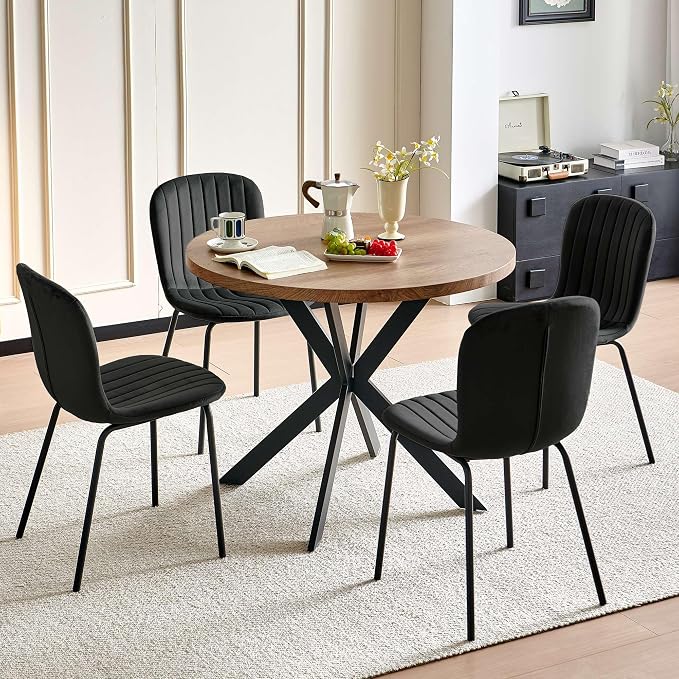 37 Inch Round Dining Table Set for 4, Modern Small Circle Kitchen Coffee Set for Apartment Living Room Office, Save Space(1 Imitation Wooden Table + 4 Black Velvet Chairs) - Image 2