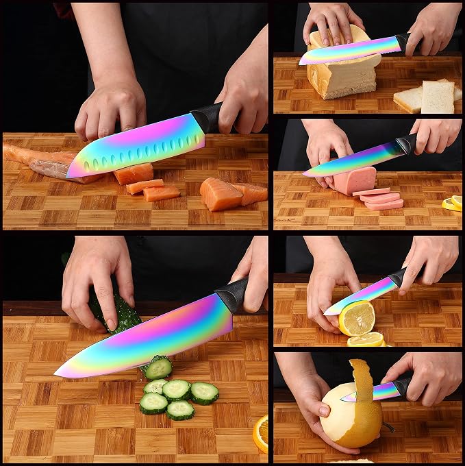 Marco Almond Kitchen Knife Set, KYA36 12-Piece Rainbow Color Stainless Steel Chef Boxed Knives Set for Kitchen with Covers, 6 Knives with 6 Blade Guards, Black | 6 Knives with 6 Black Blade Guards,Rainbow Stainless Steel Knives Set, Anti-Rust,Ergonomic... - Image 6