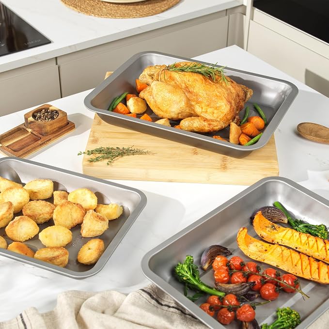 Salter Essentials Roasting Tray Set, 3 Piece Carbon Steel, 31/35/39 Cm | Non-Stick Coating, PFOA-Free, Dishwasher Safe, Stackable Nesting Design, Even Heat Distribution, Made In The UK - Image 5
