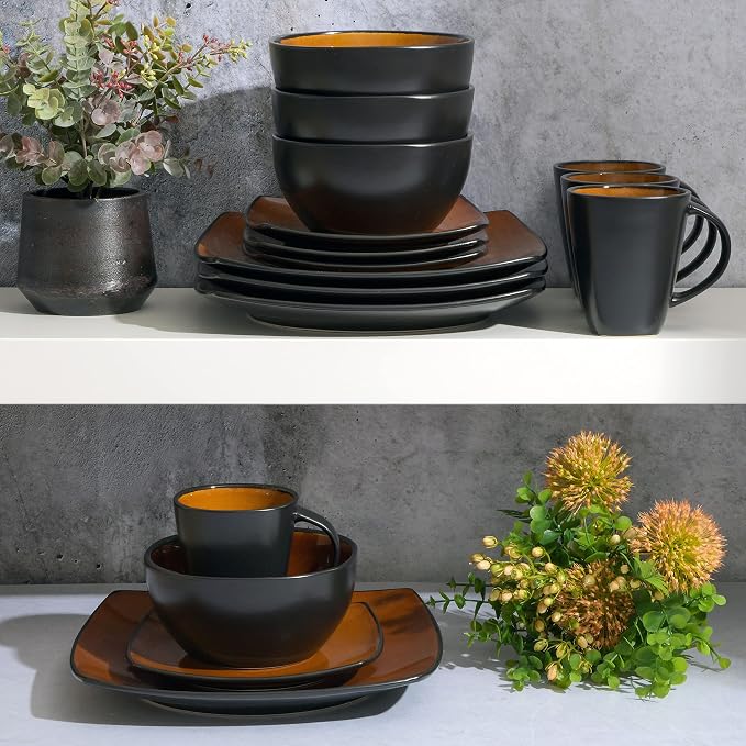Gibson Elite Soho Lounge Square Reactive Glaze Stoneware Dinnerware Set, Service for 4 (16pc), Amber - Image 7