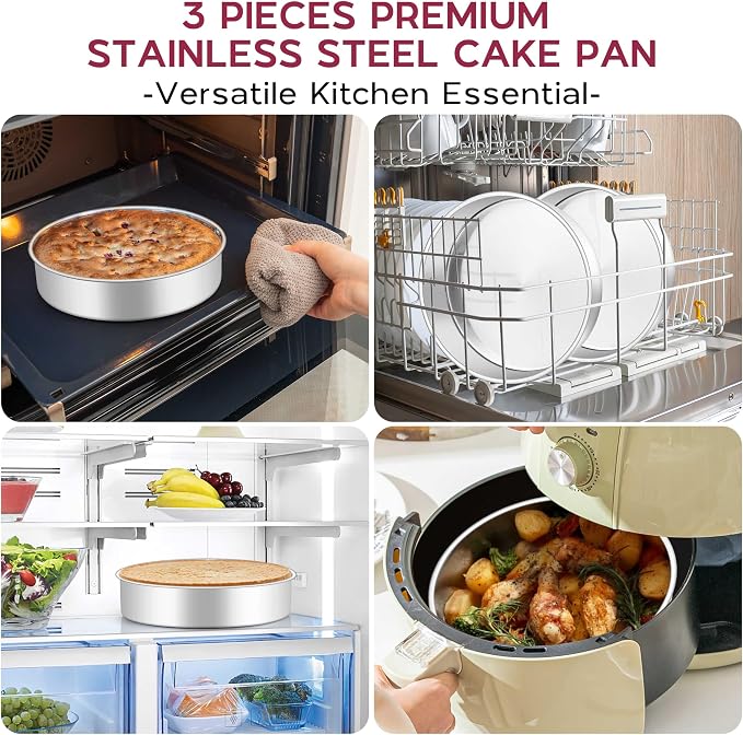 Onader 8 Inch Round Cake Pan, Stainless Steel Baking Pan Set of 3, Birthday Wedding Cake Tin - Image 6