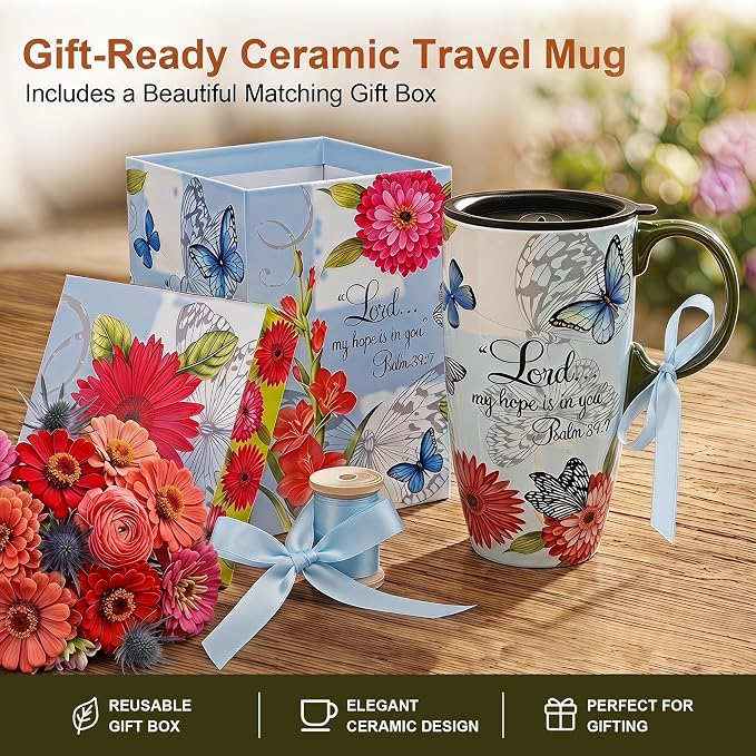 Topadorn 17oz Ceramic Travel Mug with Lid, Christian Butterfly Coffee Mug | Large Coffee Mug with Handle, Psalm 39:7 Floral Design, Microwave & Dishwasher Safe, Gift Box Included - Image 7