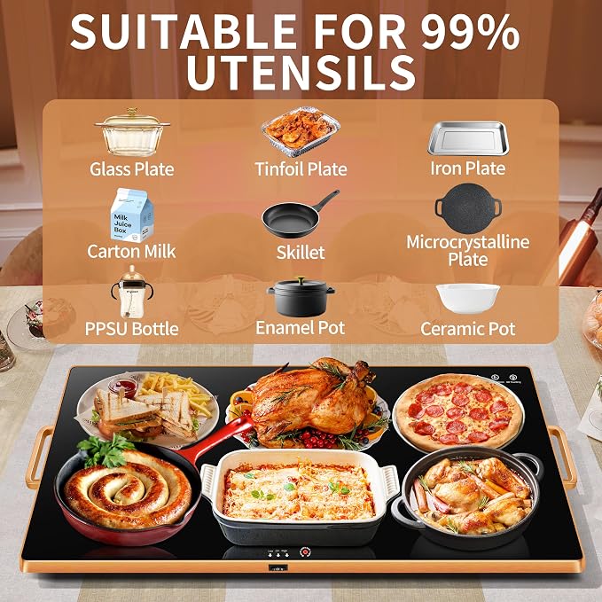 Warming Trays for Buffets Party, 32"x18", Tempered Glass Food Warmer, Black | Keep Food Warm, Gold Handles Food Warming Mat for Daily Use, With Thermostat, Button Temperature Control, Full Surface Warm - Image 4