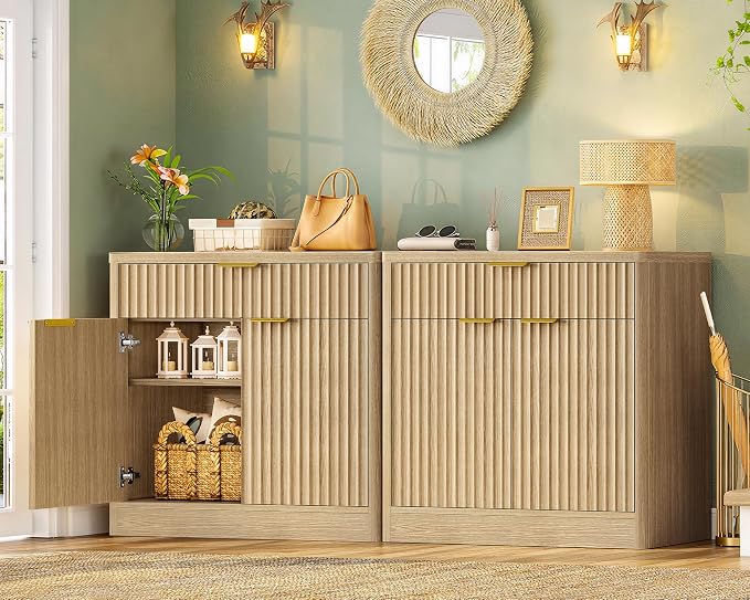 63" Fluted Buffet Sideboard Cabinet with Storage, Buffet Table Coffee Bar Wine Bar Storage Cabinet with Adjustable Shelf for Living Room, Kitchen, Natural - Image 3