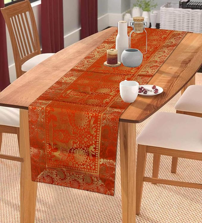 Indian Traditional Silk Table Runner 60 x 16 Inch, Elephant & Peacock Art Design Decorative Table Cloth, Orange Dining Table Runner for Kitchen, Living Room and Festive Home Decor - Image 8
