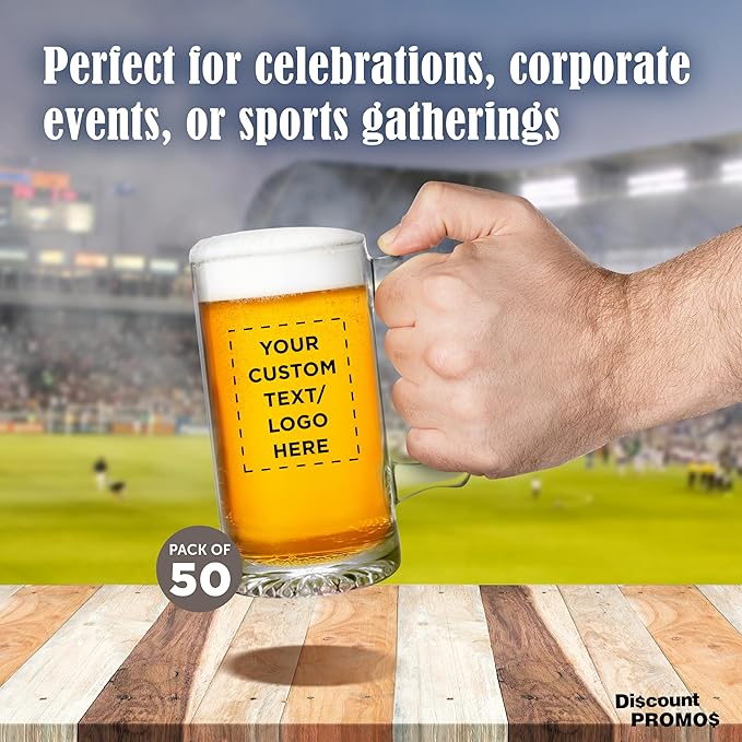 50 Libbey Beer Mugs Set, 12 oz. - Customizable Text, Logo - Groomsmen Glassware - Clear