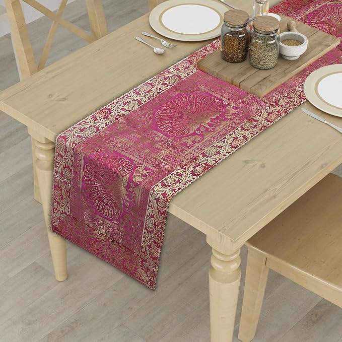 Indian Handmade Table Runner with Golden Peacock Design – Silk Brocade Fabric – 60 x 16 Inches – Elegant Decorative Table Linen for Dining Table, Console, Pooja Mandir - Image 2