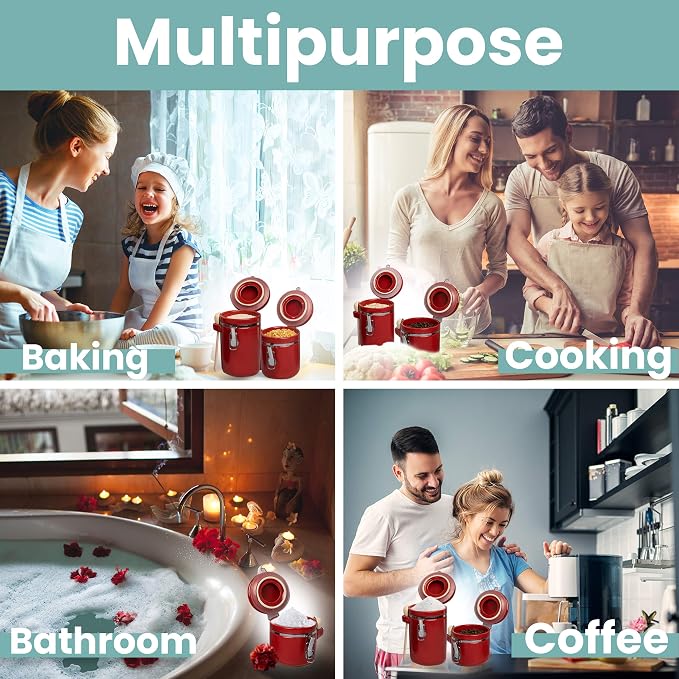 Home Intuition Smell Proof 4-Piece Ceramic Kitchen Canisters Set, Airtight Containers with Wooden Spoons Reusable Chalk Labels and Marker for Sugar, Coffee, Flour, Tea (Red) - Image 3
