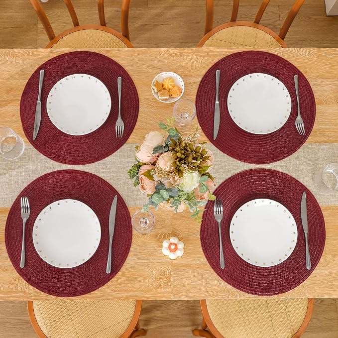 SHACOS Round Placemats Set of 4 for Dining Table 15 inch Round Braided Place Mats Washable Non Slip Kitchen Table Mats, Burgundy - Image 7