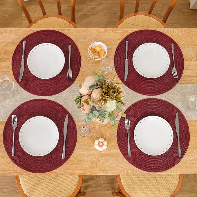 SHACOS Round Placemats Set of 6 for Dining Table 15 inch Round Braided Place Mats Washable Non Slip Kitchen Table Mats, Burgundy - Image 7