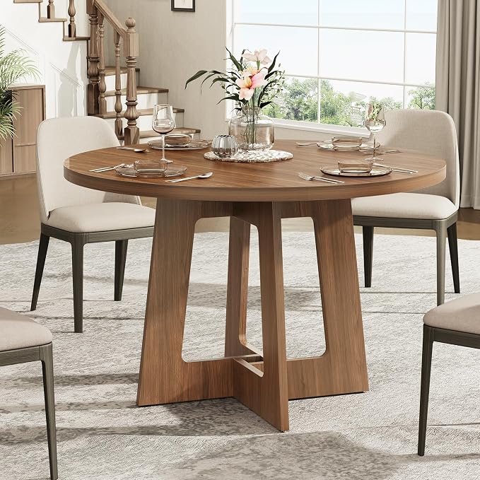 Round Dining Table for 4, Wooden Dining Room Table, Circle Kitchen Table for Home Dining Room Kitchen Living Room (Walnut Brown) - Image 4