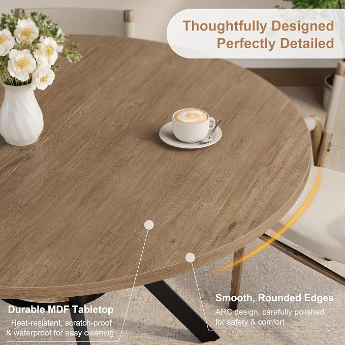 MECHYIN 42" Round Dining Table for 2-4, Farmhouse Kitchen Table with Storage, Space Saving Circle Dinner Table, Rustic Light Wood Kitchen & Dining Room Tables with Metal Legs for Kitchen, Dining Room - Image 4