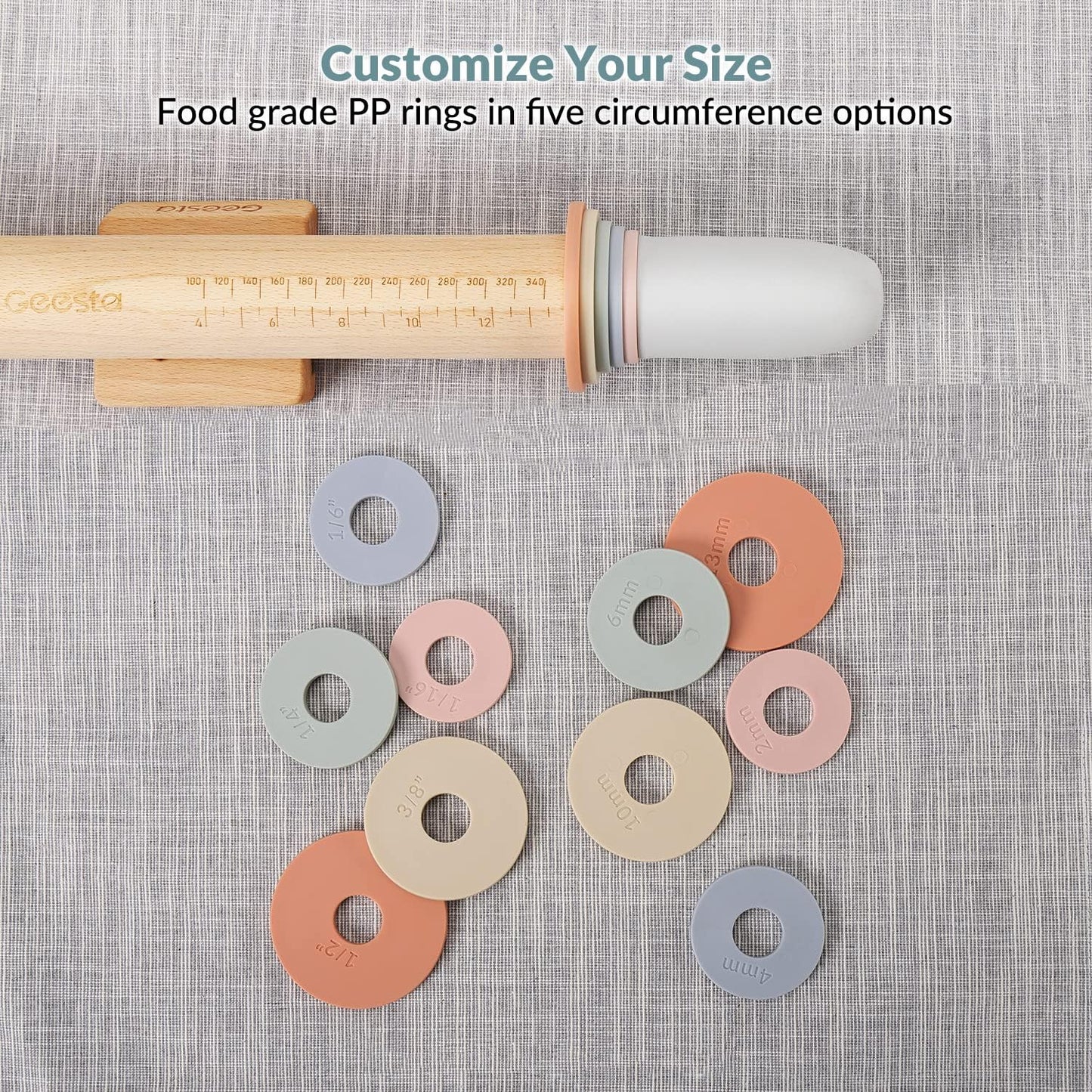 Adjustable Wooden Rolling Pin with Thickness Rings and Measurement Guide