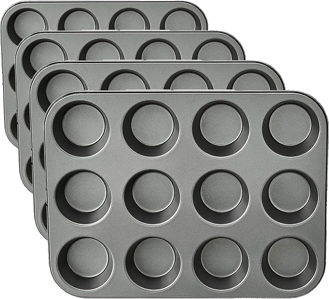 Amazon Basics Nonstick Muffin Pan,Set of 2,Sturdy,Oven Safe,Bakes Evenly,Easy to Clean,12 Cups,Gray,13.9x10.55x1.22,(Pack of 4) by AmazonBasics